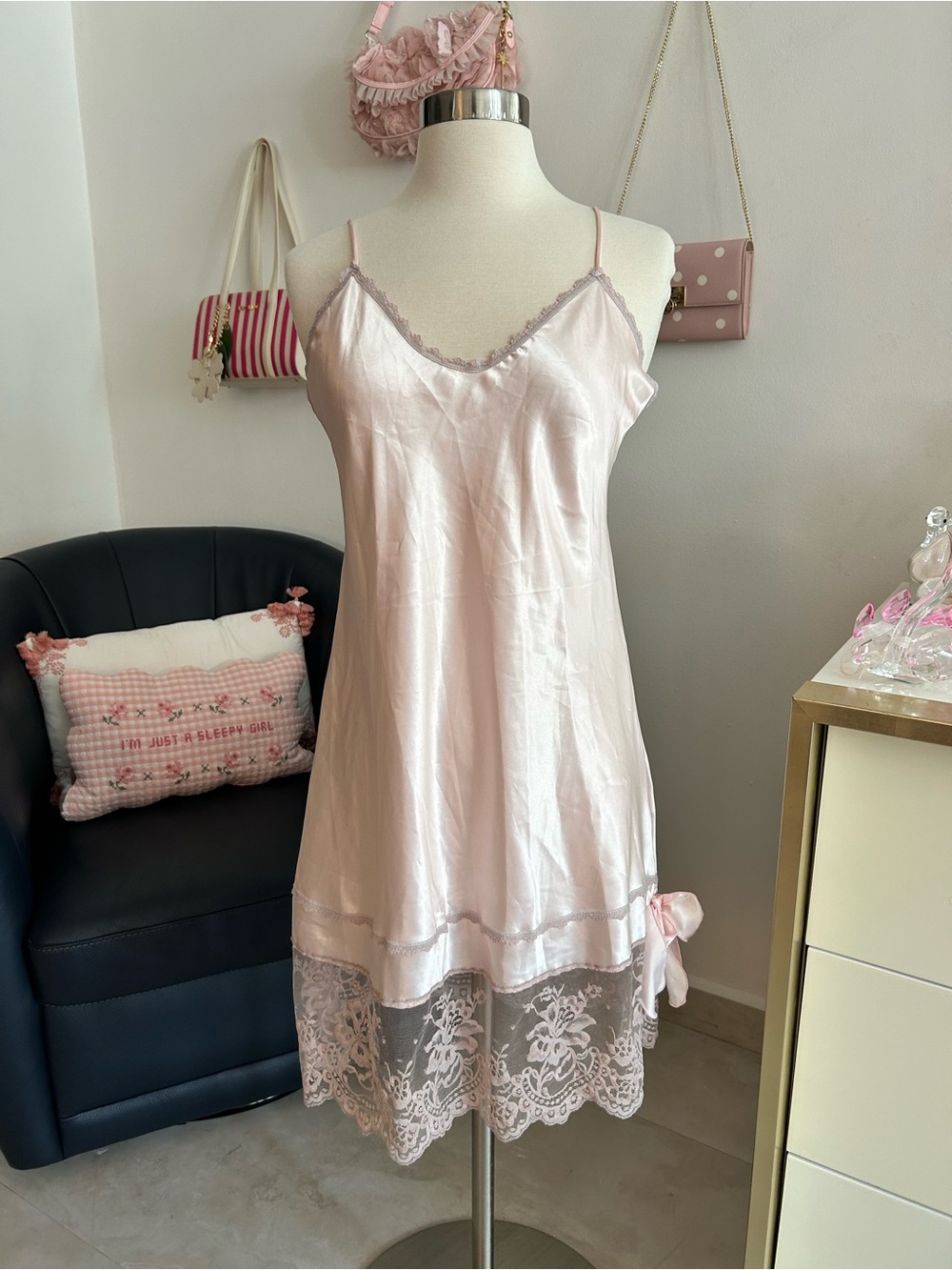 Vintage Bow Coquette Silky Lace-Trim Pink Slip Dress - Women's Intimates